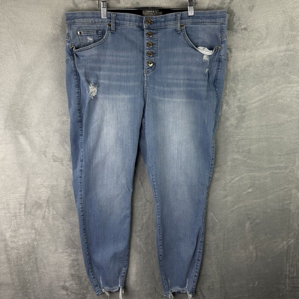 Torrid Bombshell Skinny Jeans Womens 22 R Blue Button Fly Distressed Hem Stretch